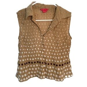 Sunny Leigh Sleeveless Button Down Blouse Tan Polka Dots
